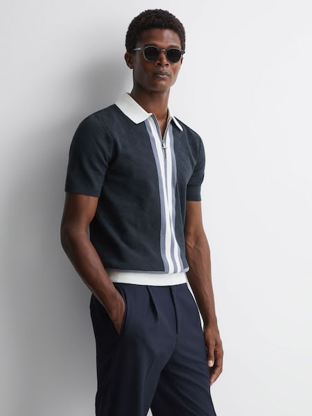 Slim Fit Cotton Knitted Half-Zip Polo T-Shirt in Eclipse Blue (351484) | $225