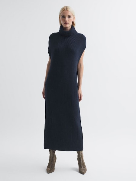 Florere - Marineblauwe gebreide midi-jurk met rolkraag (379499) | € 141