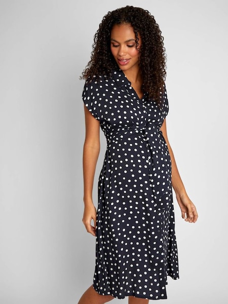 Navy Blue & White Spot Maternity Shirt Dress With Tie (381422) | €64.50
