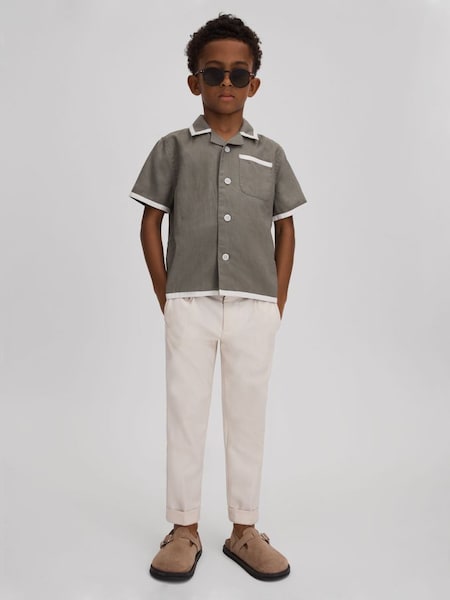 Linen Contrast Cuban Collar Shirt in Khaki/White (392075) | $60