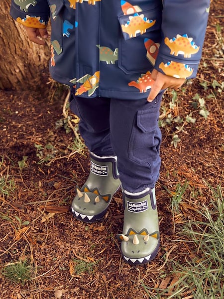 Kids Cosy Lined Dino Ankle Wellies in Khaki (404105) | $38