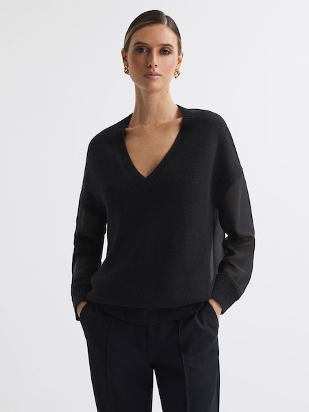 混合针织薄纱V领黑色套衫 (406391) | HK$873