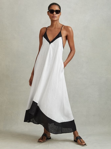 Linen Colourblock Cross-Back Midi Dress in Navy/White (415851) | $395