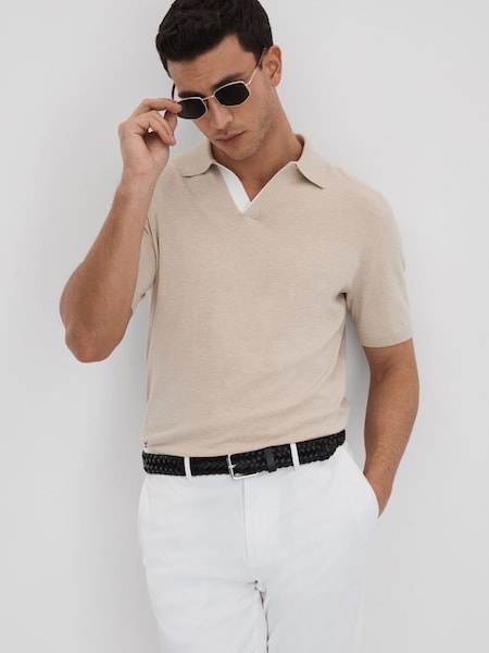 Cotton Blend Contrast Open Collar Shirt in Camel (415915) | $125