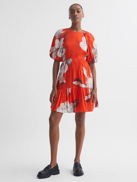 Florere Linen Silk Puff Sleeve Mini Dress in Orange (421832) | $138