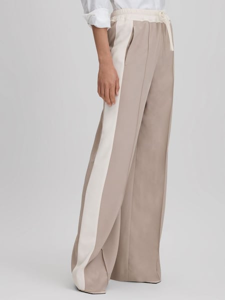Wide Leg Contrast Stripe Drawstring Trousers in Mink Neutral (423595) | $280