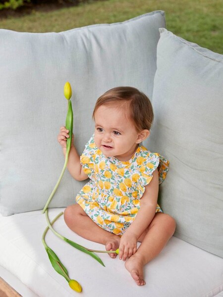 Bright Lemon Print Bubble Romper in White (424417) | $18
