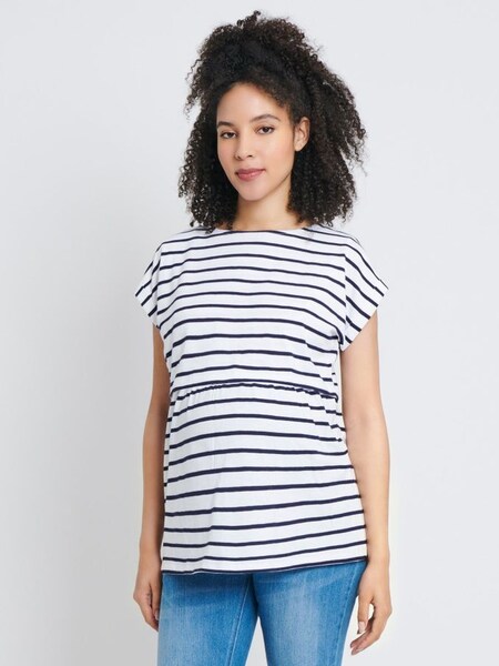 Maternity & Nursing Double Layer Top in White/Navy Stripe (434298) | $42