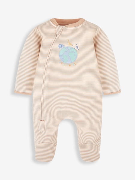 Natural Hello World Embroidered Cotton Zip Baby Sleepsuit (461811) | €27.50