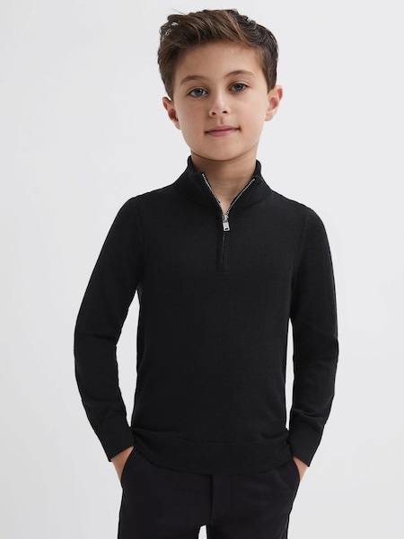 Junior Slim Fit Merino Wool Zip Neck Jumper in Black (465914) | $55