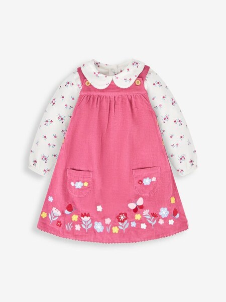 Floral Embroidered Cord Pinafore Dress & Top Set in Pink (466174) | $31