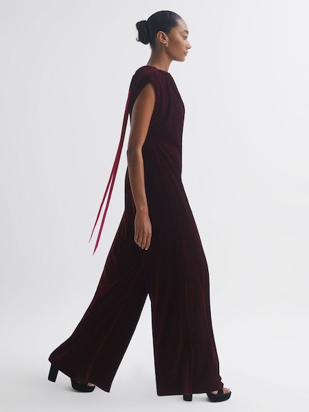 Florere Relaxed Fit Velvet Tie Neck Jumpsuit in Burgundy (480778) | CHF 360