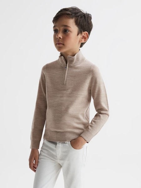 Junior slim-fit merinowollen trui met rits bij de hals en gemêleerd tarwekleurig motief (4DD540) | € 50