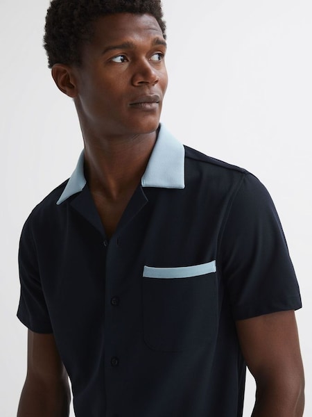 Cuban Collar Contrast Shirt in Navy/ Soft Blue (511349) | $90