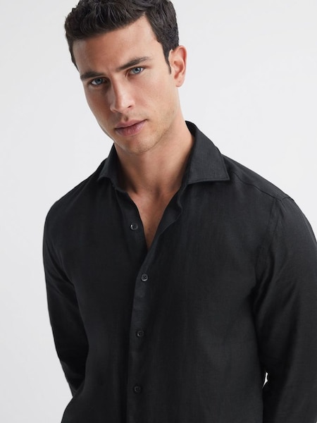 Linen Cutaway Collar Shirt in Black (515298) | $160