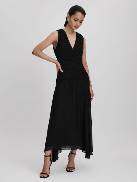 黑色褶飾緊身及膝洋裝 (515948) | HK$4,030