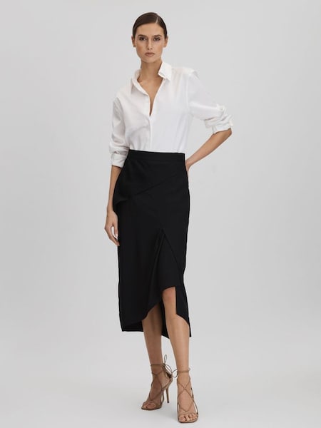 High Rise Draped Midi Skirt in Black (516021) | $295