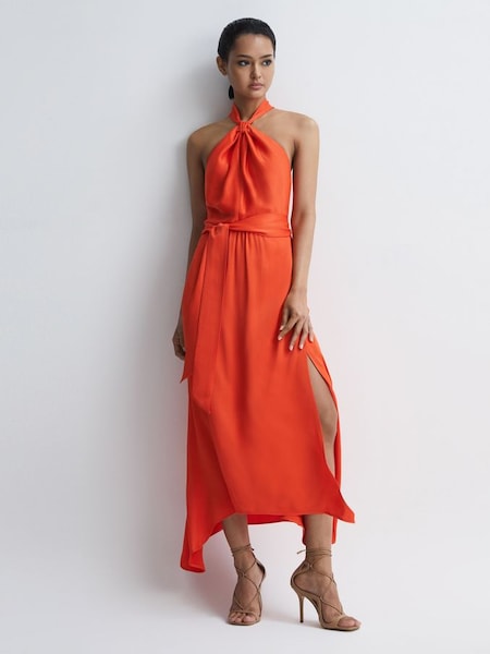 Fitted Halter Neck Midi Dress in Orange (518028) | €128