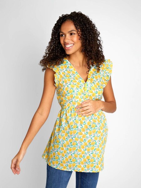 Lemon Print Frill Sleeve Maternity Blouse in Yellow (525541) | $56
