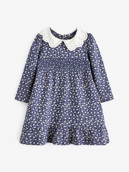 Woodland Floral Print Smocked Dress With Collar in Navy (527802) | $22