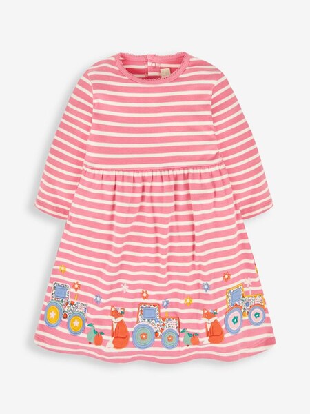 Girls' Stripe Appliqué Dress in Fuchsia Pink Fox & Tractor (531566) | $36