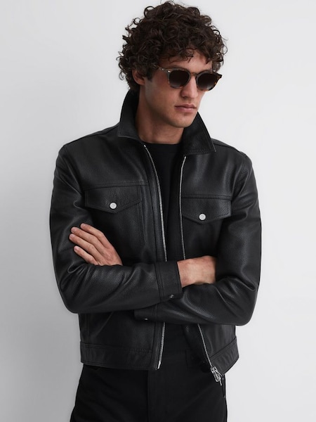 Leather Zip Through Jacket in Black (534421) | HK$6,430