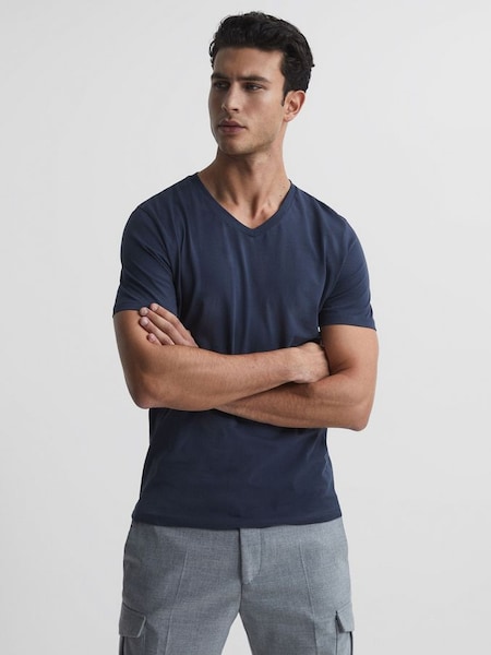 T-shirt col en V en coton bleu Airforce chiné (545917) | 14 €