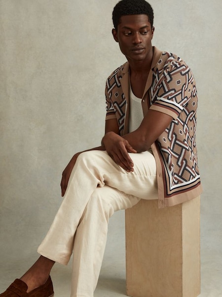 Knitted Cuban Collar Shirt in Camel Multi (547960) | SAR 730