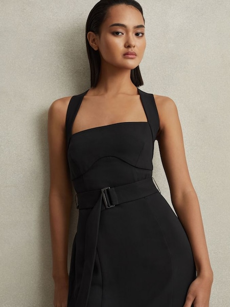 Cross-Back Belted Bodycon Midi Dress in Black (548019) | $385