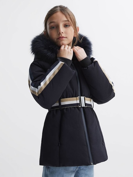 Junior Quilted Fur Hooded Coat in Navy (548201) | $185