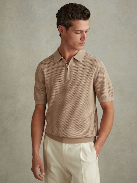 Cotton Blend Textured Half Zip Polo Shirt in Taupe (548538) | $160