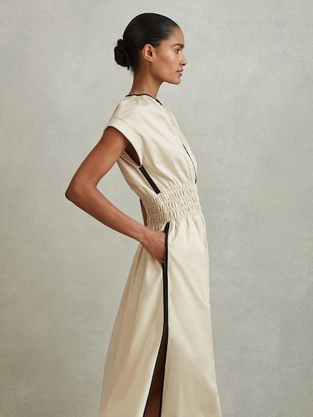 Cotton Ruched Waist Midi Dress in Neutral/Black (548587) | $295