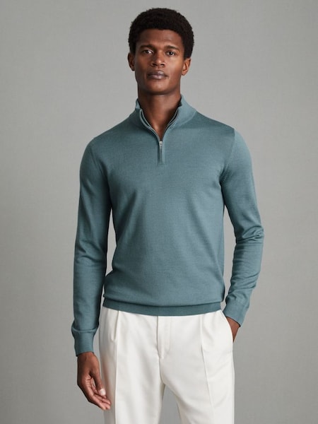 Pull à col cheminée et demi-zippé en laine mérinos, vert océan (549519) | 82 €