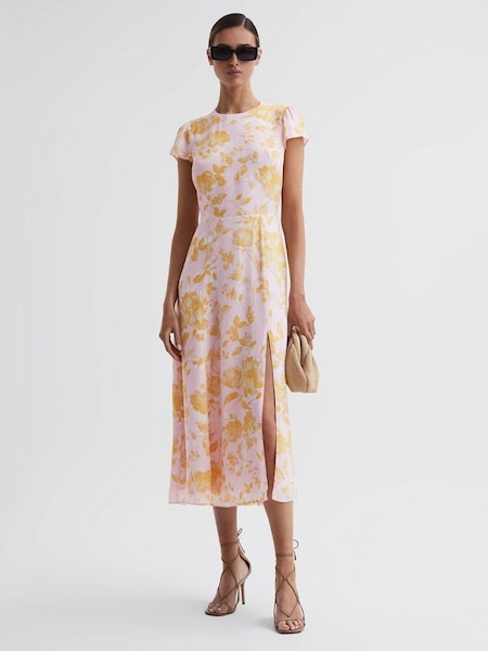 Gebloemde midi-jurk in roze/geel met uitsnijding op de rug (550900) | € 97