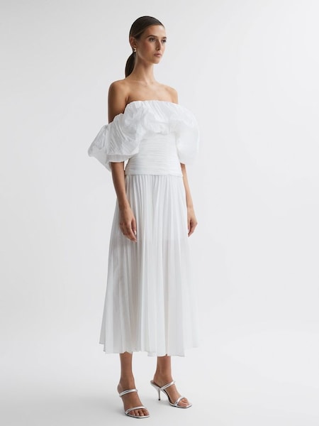 Acler Ivory Pleated Puff Sleeve Midi Dress in Ivory (554050) | $890