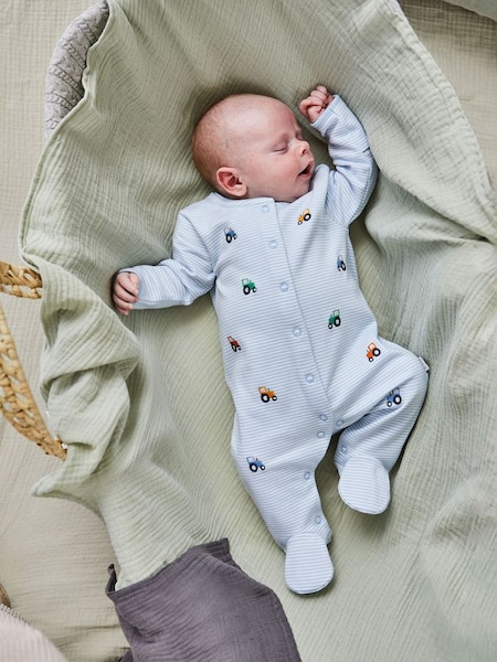 Blue Tractor Embroidered Cotton Baby Sleepsuit (557818) | €27.50