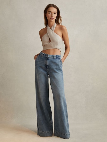 Linen Halter Neck Cropped Top in Neutral (559590) | $180