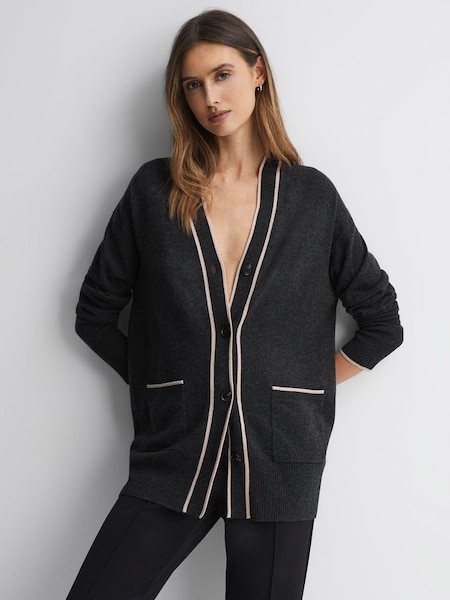 Wool Blend Contrast Trim Cardigan in Charcoal/Nude (575290) | CHF 84