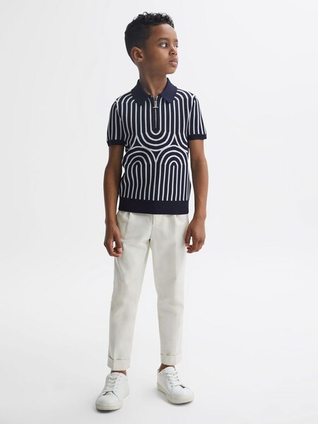 Junior Gestreiftes Polo-Shirt mit kurzem Reißverschluss, Marineblau/Weiß (578621) | 28 €