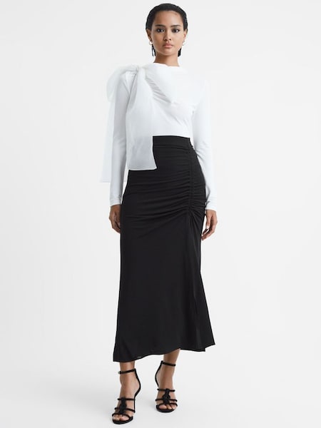 High Rise Ruched Fitted Midi Skirt in Black (600412) | $139