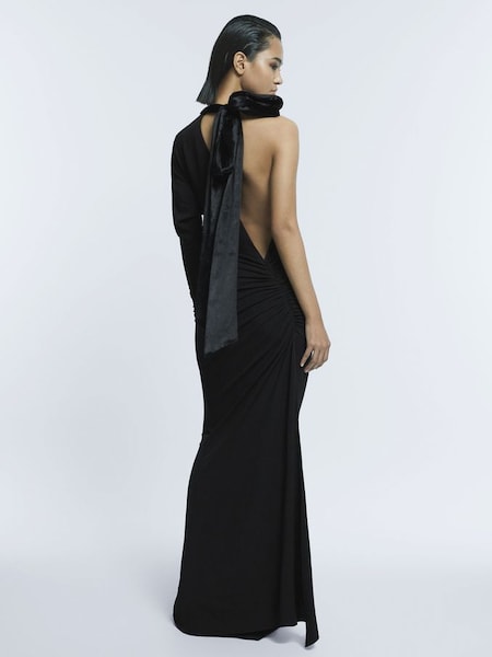 Atelier Fitted One-Shoulder Velvet Bow Maxi Dress in Black (609720) | HK$4,172