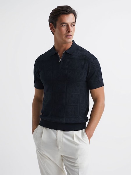 Half Zip Textured Polo Shirt in Navy (6139W4) | $119