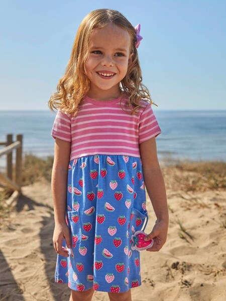 Pink Stripe & Strawberry Print With Pet In Pocket Combo Dress in Blue (614879) | $18