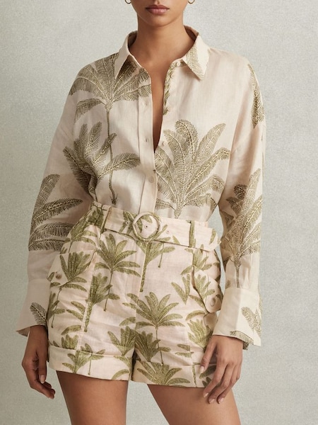 Tropical Print Linen Shorts in Natural (615765) | HK$2,080