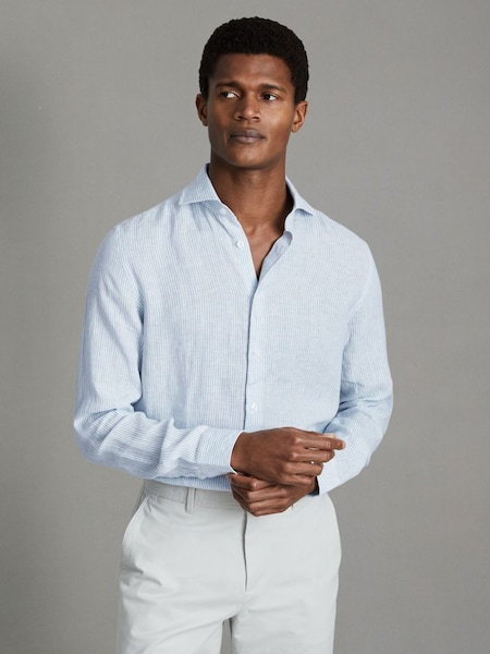 Linen Button-Through Shirt in Soft Blue Fine Stripe (615898) | $160