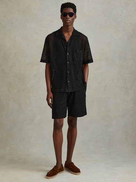 Cotton Blend Crochet Cuban Collar Shirt in Black (617084) | $190