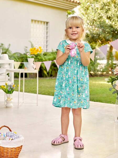 Bunny Print With Pet In Pocket Peter Pan Dress in Duck Egg (618969) | $18