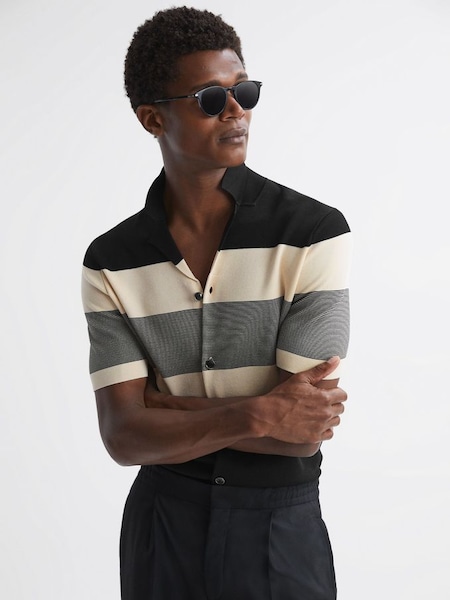 Striped Cuban Collar Button Through T-Shirt in Black (622890) | $210