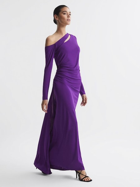 Lange jurk met uitsnijding en blote schouder in paars (630838) | € 168