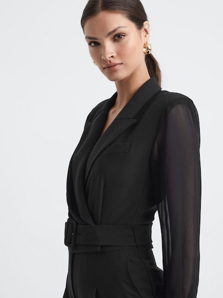 Petite Sheer Belted Double Breasted Jumpsuit in Black (639692) | HK$1,474